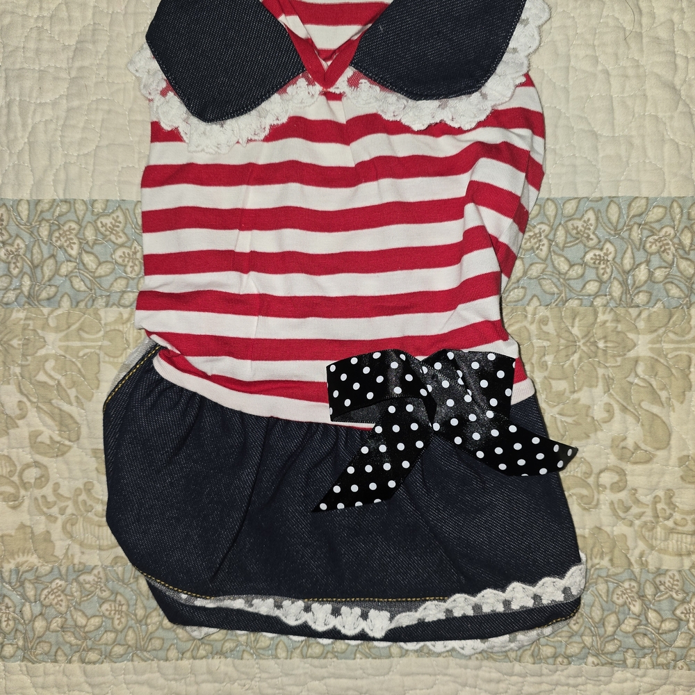 Red and White Striped Dress with Navy Skirt